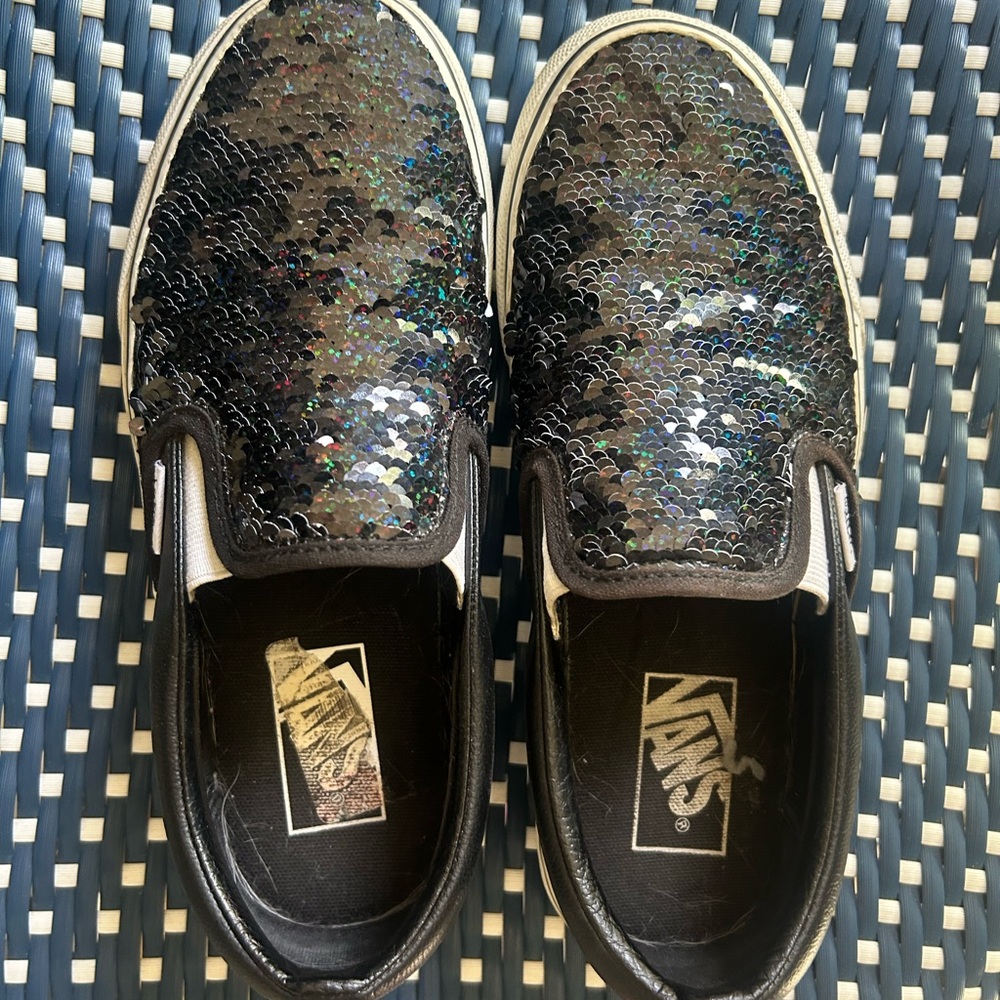 Women’s Vans Black Sequin Slip-On Shoes.